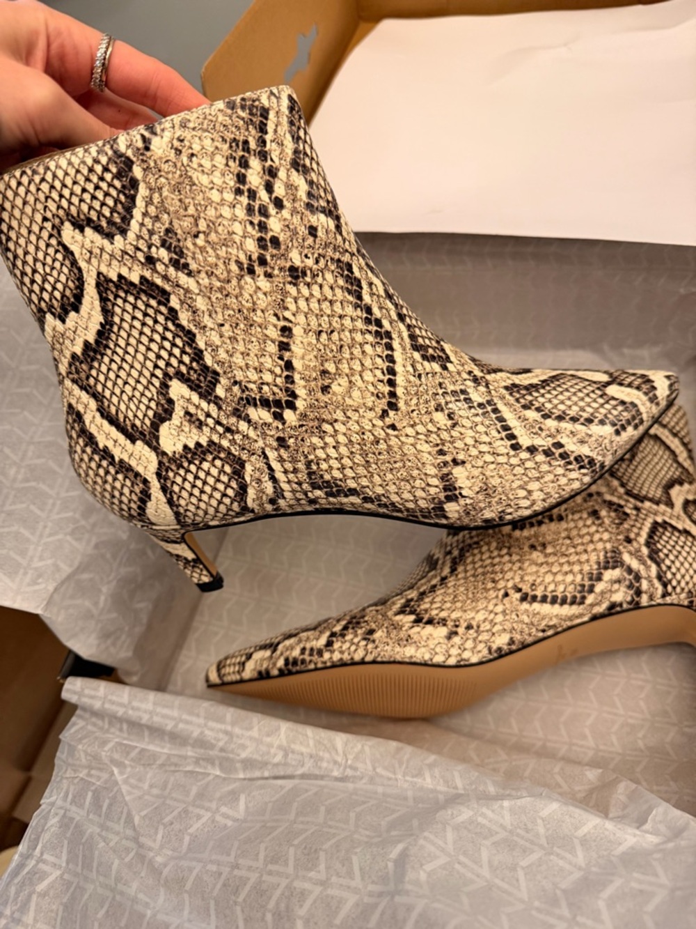 Marc Fisher Snakeskin Pointed Toe Kitten Heel Ankle Boots - Beige & Black - Picture 2 of 5